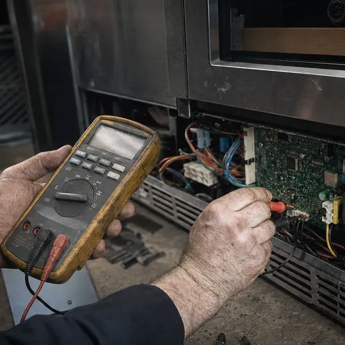 Technician holding a yellow multimeter while probing the green control board in a refrigerator base.