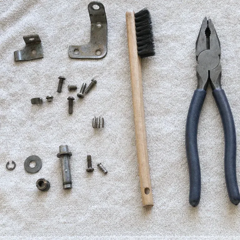 Brackets, screws and small fittings on a white towel beside a brush and blue-handled pliers.